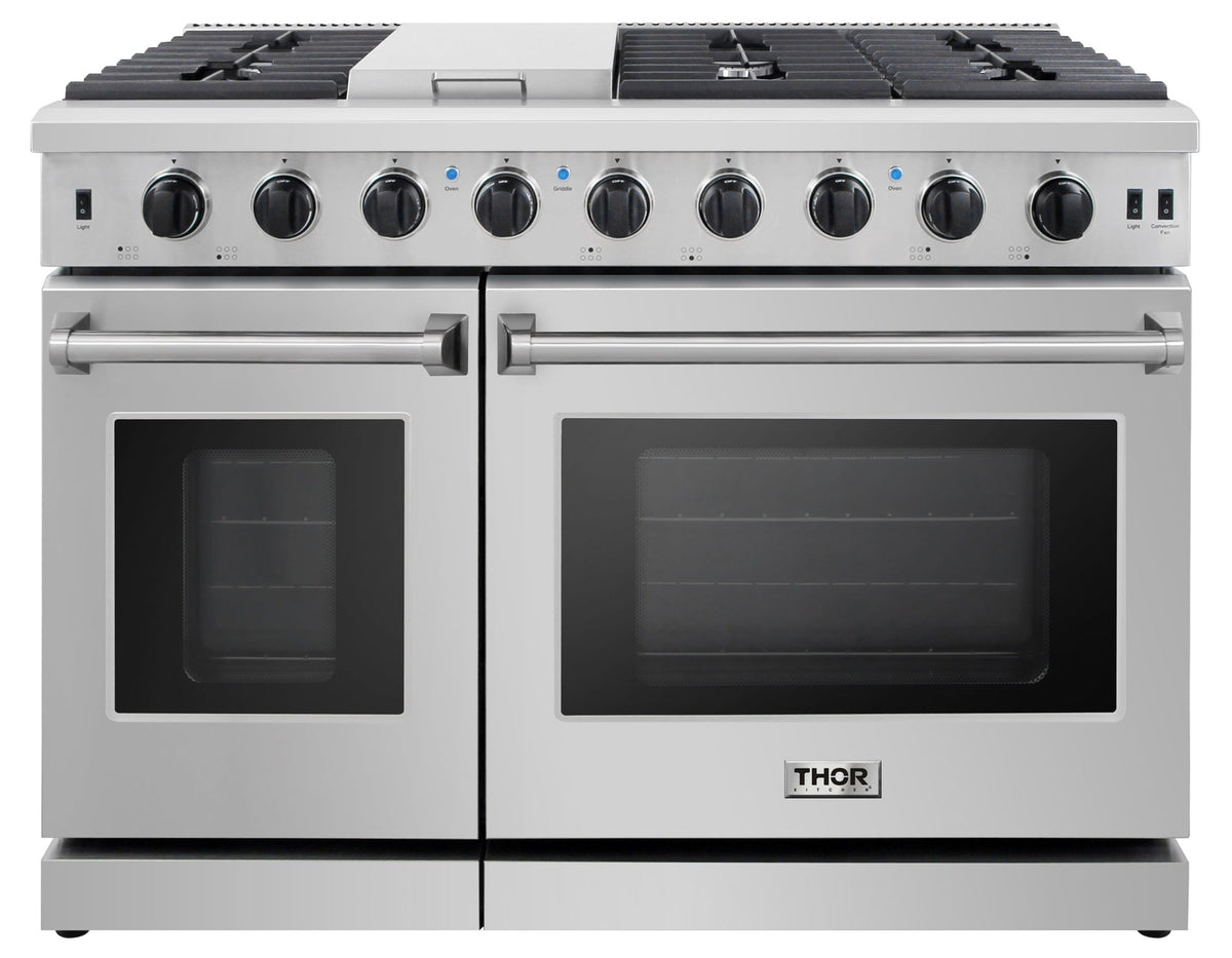 Thor Kitchen 4-Piece Appliance Package - 48-Inch Gas Range, Pro Wall Mount Hood, French Door Refrigerator, and Dishwasher in Stainless Steel