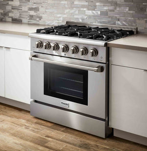 Thor Kitchen 4-Piece Pro Appliance Package - 36-Inch Gas Range, French Door Refrigerator, Dishwasher, and Microwave Drawer in Stainless Steel