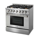 Thor Kitchen 4-Piece Pro Appliance Package - 36-Inch Gas Range, French Door Refrigerator, Wall Mount Hood and Dishwasher in Stainless Steel
