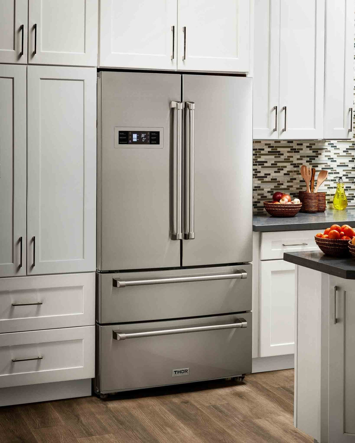 Thor Kitchen 4-Piece Pro Appliance Package - 36-Inch Gas Range, Refrigerator with Water Dispenser, Pro-Style Wall Mount Hood & Dishwasher in Stainless Steel