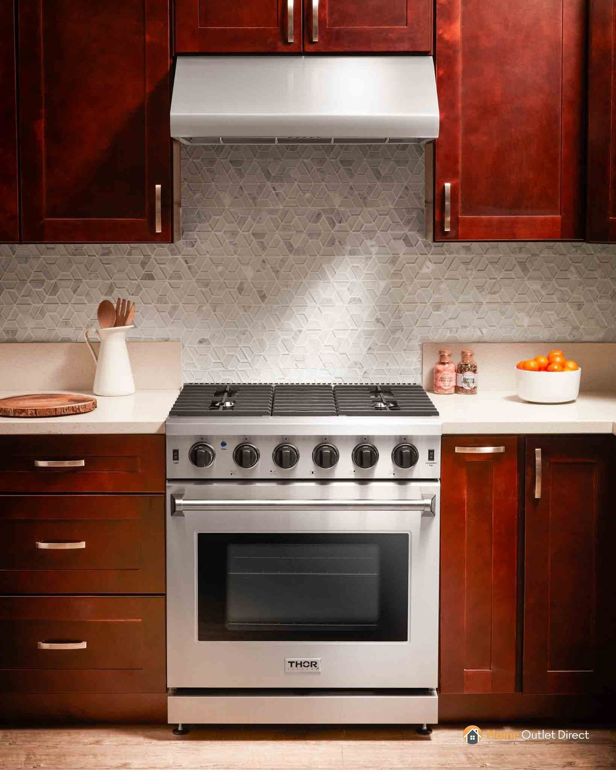 Thor Kitchen 5-Piece Appliance Package - 30-Inch Gas Range, French Door Refrigerator, Wall Mount Hood, Dishwasher, and Microwave Drawer in Stainless Steel