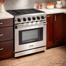 Thor Kitchen 5-Piece Appliance Package - 30-Inch Gas Range, French Door Refrigerator, Wall Mount Hood, Dishwasher, and Wine Cooler in Stainless Steel