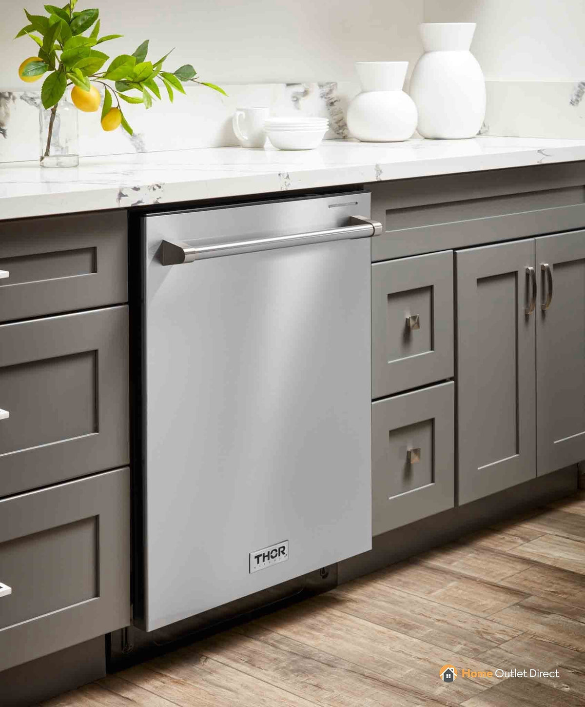 Thor Kitchen 5-Piece Appliance Package - 36-Inch Electric Range with Tilt Panel, French Door Refrigerator, Wall Mount Hood, Dishwasher, and Microwave Drawer in Stainless Steel