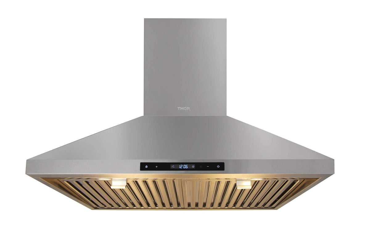 Thor Kitchen 5-Piece Appliance Package - 36-Inch Gas Range, French Door Refrigerator, Wall Mount Hood, Dishwasher, and Microwave Drawer in Stainless Steel