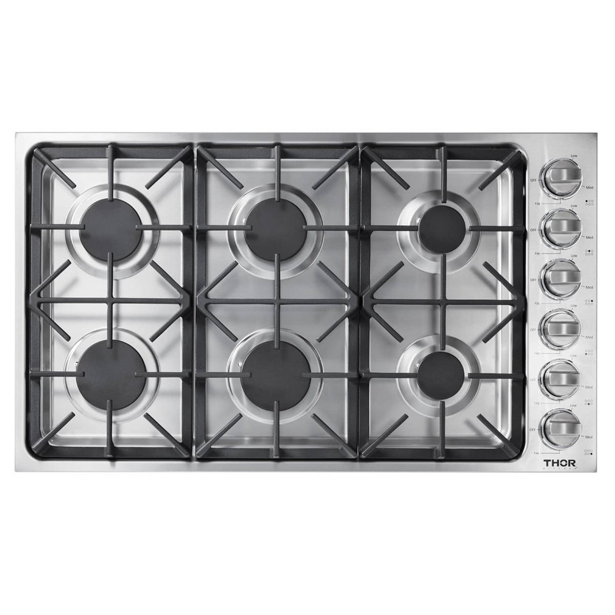 Thor Kitchen 5-Piece Pro Appliance Package - 36-Inch Gas Cooktop, Electric Wall Oven, Pro-Style Wall Mount Hood, Dishwasher & Refrigerator with Water Dispenser in Stainless Steel