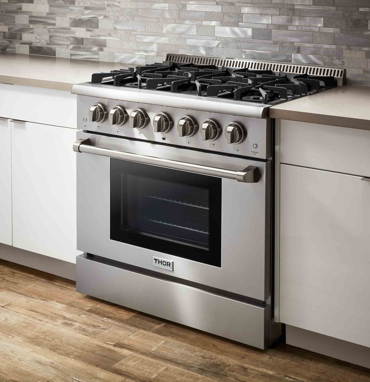 Thor Kitchen 5-Piece Pro Appliance Package - 36-Inch Gas Range, French Door Refrigerator, Wall Mount Hood, Dishwasher, and Microwave Drawer in Stainless Steel