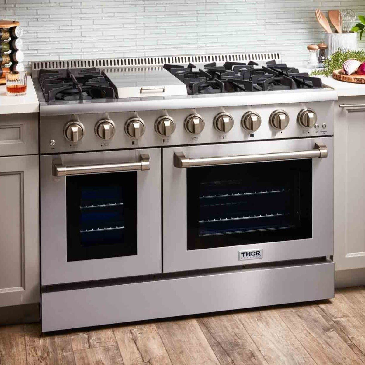 Thor Kitchen 5-Piece Pro Appliance Package - 48-Inch Gas Range, French Door Refrigerator, Dishwasher, Under Cabinet 11-Inch Tall Hood, and Microwave Drawer in Stainless Steel