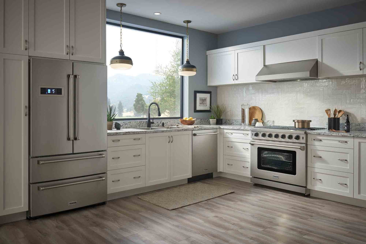 Thor Kitchen 6-Piece Appliance Package - 36-Inch Gas Range, French Door Refrigerator, Wall Mount Hood, Dishwasher, Microwave Drawer, & Wine Cooler in Stainless Steel