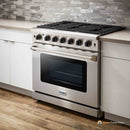 Thor Kitchen 6-Piece Appliance Package - 36-Inch Gas Range, French Door Refrigerator, Pro-Style Wall Mount Hood, Dishwasher, Microwave Drawer, & Wine Cooler in Stainless Steel