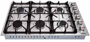 Thor Kitchen 6-Piece Pro Appliance Package - 36-Inch Gas Cooktop, Electric Wall Oven, Wall Mount Hood, Refrigerator with Water Dispenser, Dishwasher & Microwave Drawer in Stainless Steel