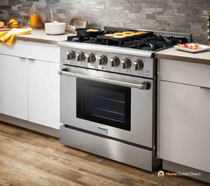 Thor Kitchen 6-Piece Pro Appliance Package - 36-Inch Dual Fuel Range, French Door Refrigerator, Pro-Style Wall Mount Hood, Dishwasher, Microwave Drawer, & Wine Cooler in Stainless Steel