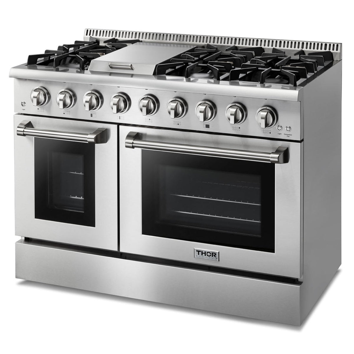 Thor Kitchen 6-Piece Pro Appliance Package - 48-Inch Gas Range, French Door Refrigerator, Dishwasher, Pro Wall Mount Hood, Microwave Drawer, & Wine Cooler in Stainless Steel
