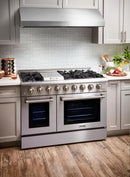 Thor Kitchen 6-Piece Pro Appliance Package - 48-Inch Dual Fuel Range, Refrigerator with Water Dispenser, Dishwasher, Under Cabinet 11-Inch Tall Hood, Microwave Drawer, & Wine Cooler in Stainless Steel