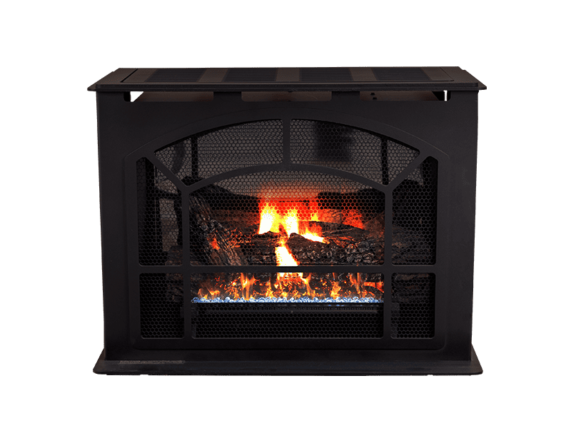 Buck Stove Townsend II vent-free gas stove in black, front view with flame