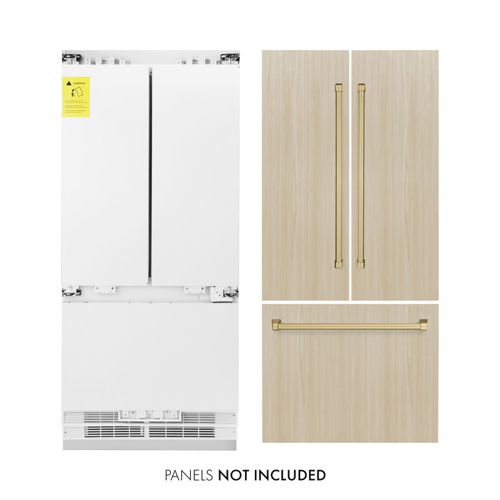 ZLINE Autograph Edition 36-Inch 19.6 cu. ft. Panel Ready Built-in 3-Door French Door Refrigerator with Internal Water and Ice Dispenser with Champagne Bronze Handles RBIVZ-36-CB