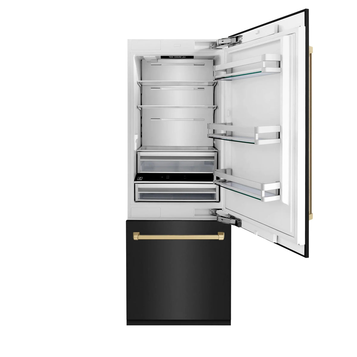 ZLINE 30" Autograph Edition 16.1 cu. ft. Built-in 2-Door Bottom Freezer Refrigerator with Internal Water and Ice Dispenser in Black Stainless Steel with Champagne Bronze Accents RBIVZ-BS-30-CB