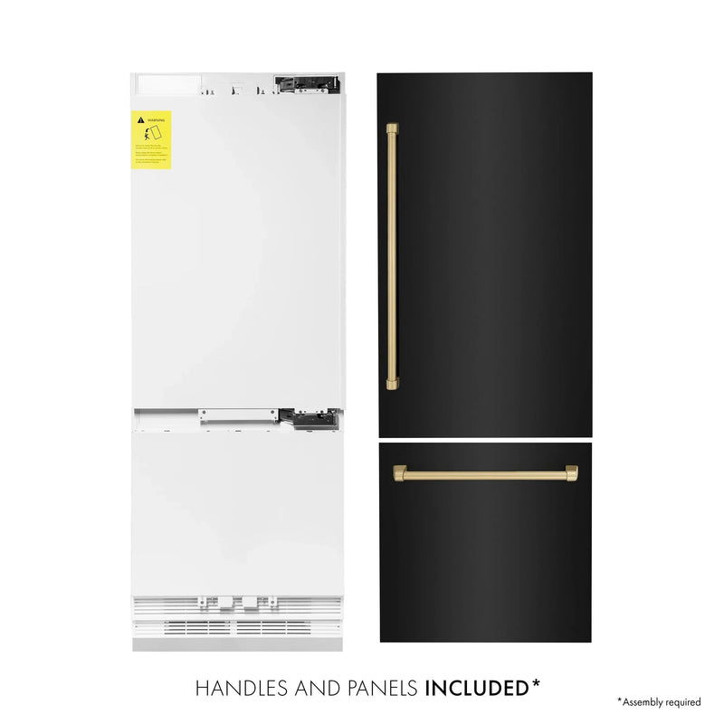 ZLINE 30" Autograph Edition 16.1 cu. ft. Built-in 2-Door Bottom Freezer Refrigerator with Internal Water and Ice Dispenser in Black Stainless Steel with Champagne Bronze Accents RBIVZ-BS-30-CB