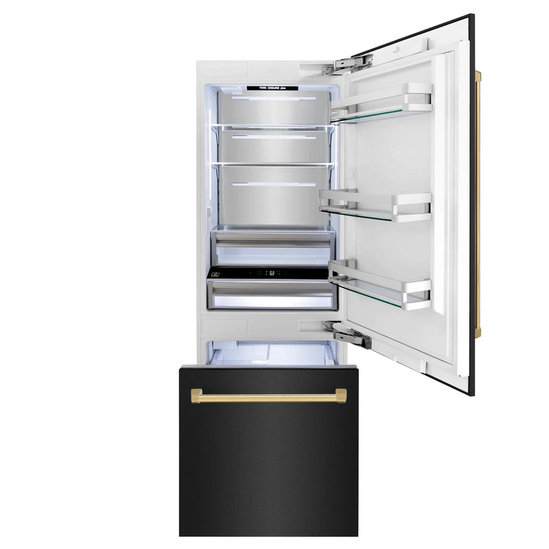 ZLINE 30" Autograph Edition 16.1 cu. ft. Built-in 2-Door Bottom Freezer Refrigerator with Internal Water and Ice Dispenser in Black Stainless Steel with Gold Accents RBIVZ-BS-30-G