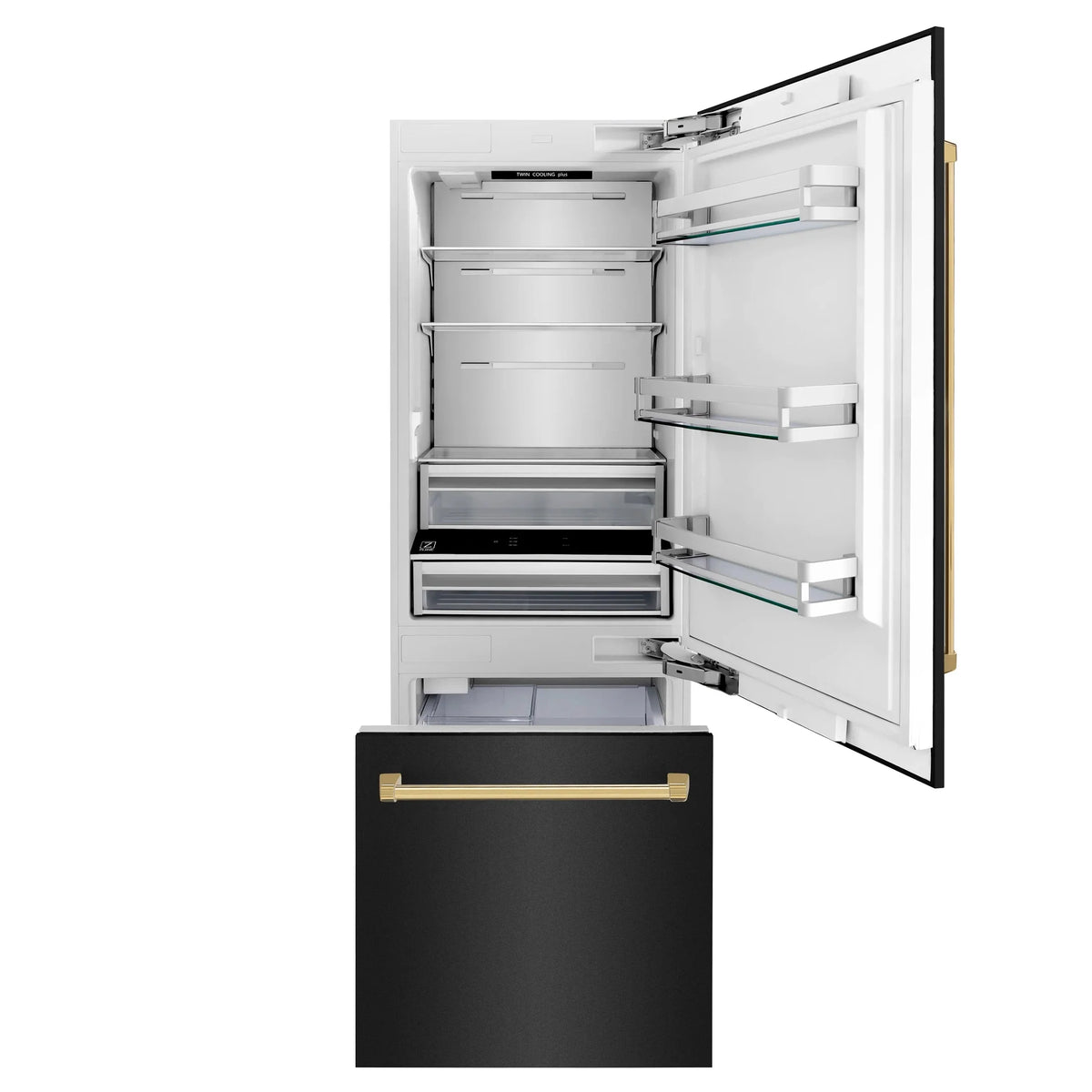ZLINE 30" Autograph Edition 16.1 cu. ft. Built-in 2-Door Bottom Freezer Refrigerator with Internal Water and Ice Dispenser in Black Stainless Steel with Gold Accents RBIVZ-BS-30-G