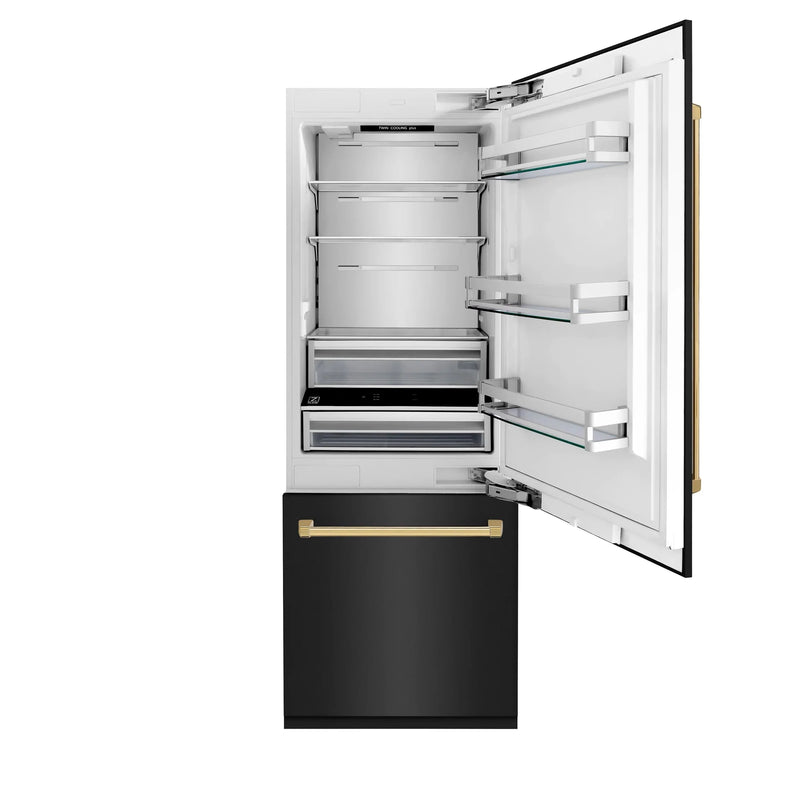 ZLINE 30" Autograph Edition 16.1 cu. ft. Built-in 2-Door Bottom Freezer Refrigerator with Internal Water and Ice Dispenser in Black Stainless Steel with Gold Accents RBIVZ-BS-30-G