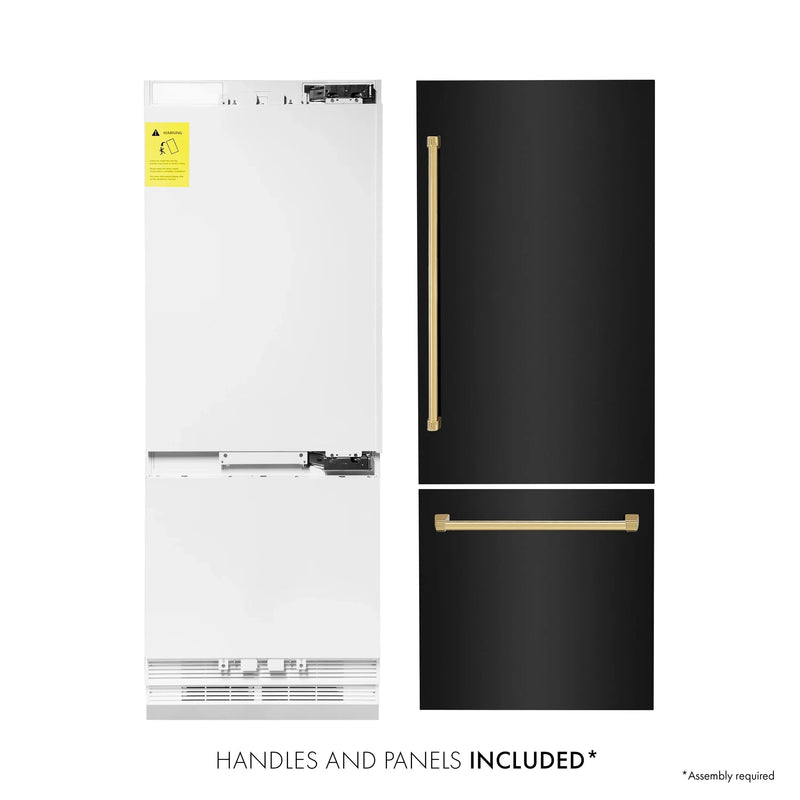ZLINE 30" Autograph Edition 16.1 cu. ft. Built-in 2-Door Bottom Freezer Refrigerator with Internal Water and Ice Dispenser in Black Stainless Steel with Gold Accents RBIVZ-BS-30-G