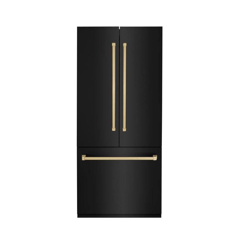 ZLINE 36" Autograph Edition 19.6 cu. ft. Built-in 3-Door French Door Refrigerator with Internal Water and Ice Dispenser in Black Stainless Steel with Champagne Bronze Accents RBIVZ-BS-36-CB