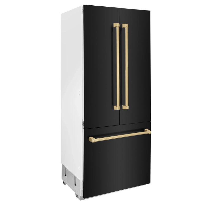 ZLINE 36" Autograph Edition 19.6 cu. ft. Built-in 3-Door French Door Refrigerator with Internal Water and Ice Dispenser in Black Stainless Steel with Champagne Bronze Accents RBIVZ-BS-36-CB