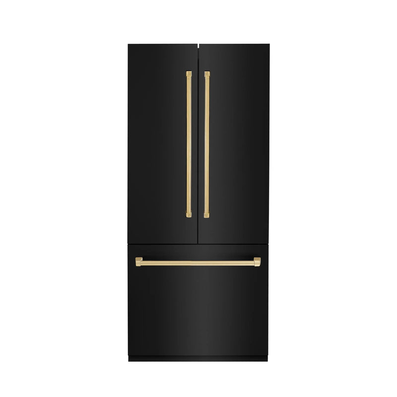 ZLINE 36" Autograph Edition 19.6 cu. ft. Built-in 3-DoorFrench Door Refrigerator with Internal Water and Ice Dispenser in Black Stainless Steel with Gold Accents RBIVZ-BS-36-G