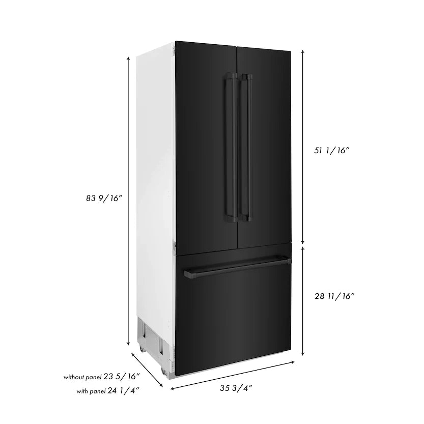 ZLINE 36" 19.6 cu. ft. Built-In 3-Door French Door Freezer Refrigerator with Internal Water and Ice Dispenser in Black Stainless Steel RBIV-BS-36