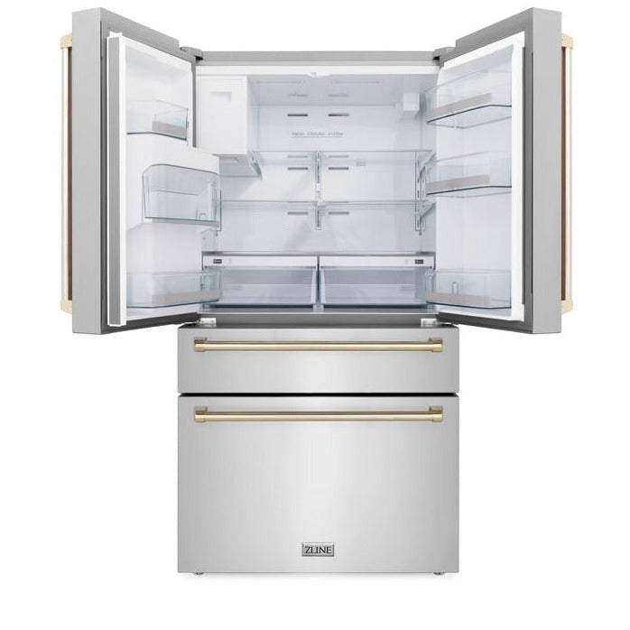 ZLINE 36" Autograph Edition 21.6 cu. ft Freestanding French Door Refrigerator with Water and Ice Dispenser in Fingerprint Resistant Stainless Steel with Accents (RFMZ-W-36)
