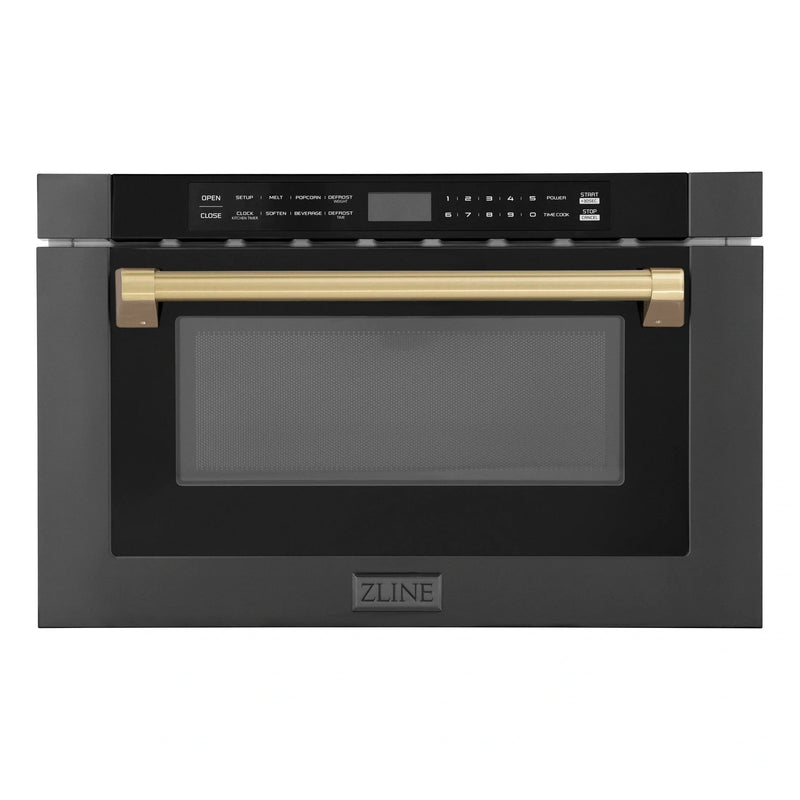 ZLINE Autograph Edition 24" 1.2 cu. ft. Built-in Microwave Drawer in Black Stainless Steel and Champagne Bronze Accents MWDZ-1-BS-H-CB