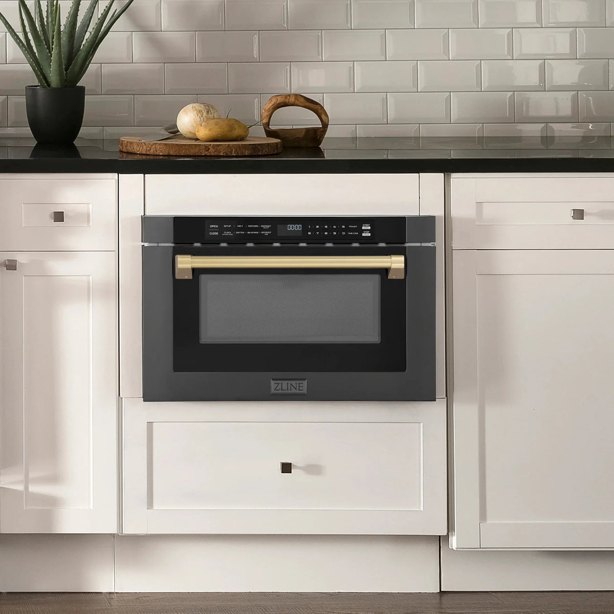 ZLINE Autograph Edition 24" 1.2 cu. ft. Built-in Microwave Drawer in Black Stainless Steel and Champagne Bronze Accents MWDZ-1-BS-H-CB