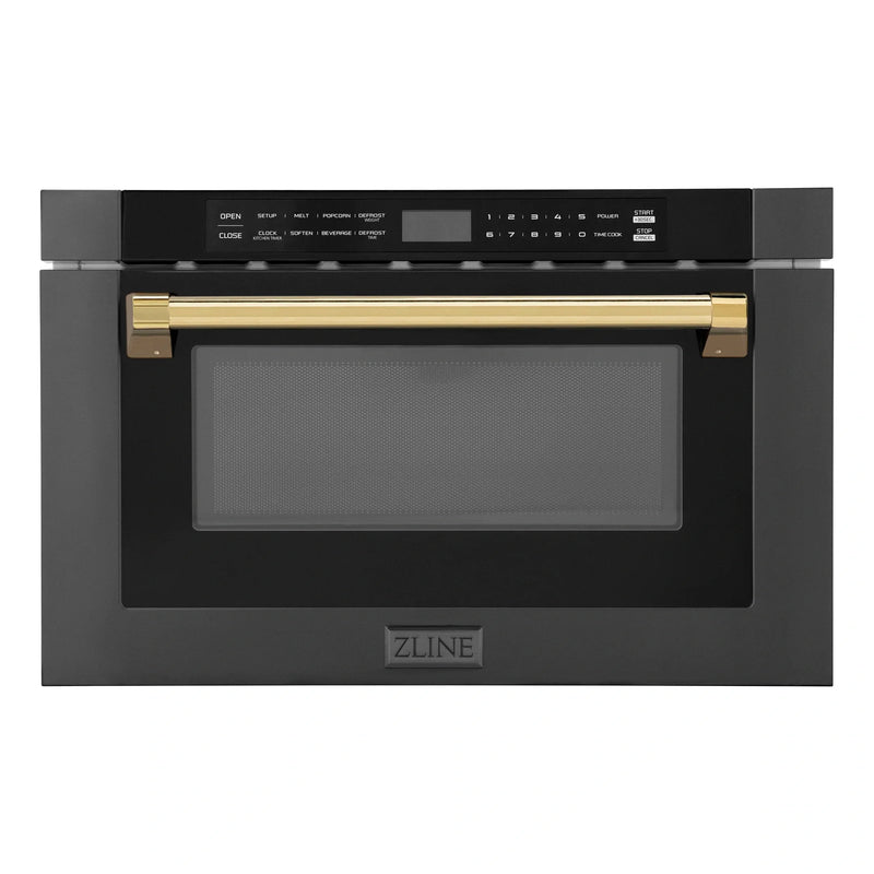 ZLINE Autograph Edition 24" 1.2 cu. ft. Built-in Microwave Drawer in Black Stainless Steel and Gold Accents MWDZ-1-BS-H-G