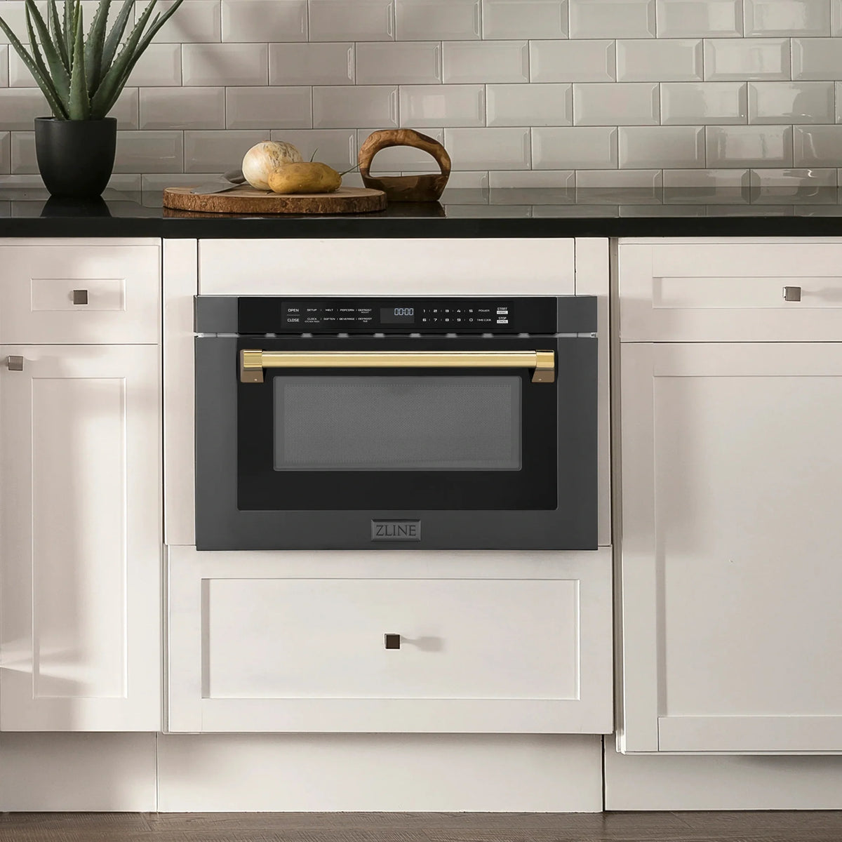 ZLINE Autograph Edition 24" 1.2 cu. ft. Built-in Microwave Drawer in Black Stainless Steel and Gold Accents MWDZ-1-BS-H-G