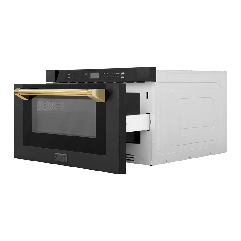 ZLINE Autograph Edition 24" 1.2 cu. ft. Built-in Microwave Drawer in Black Stainless Steel and Gold Accents MWDZ-1-BS-H-G