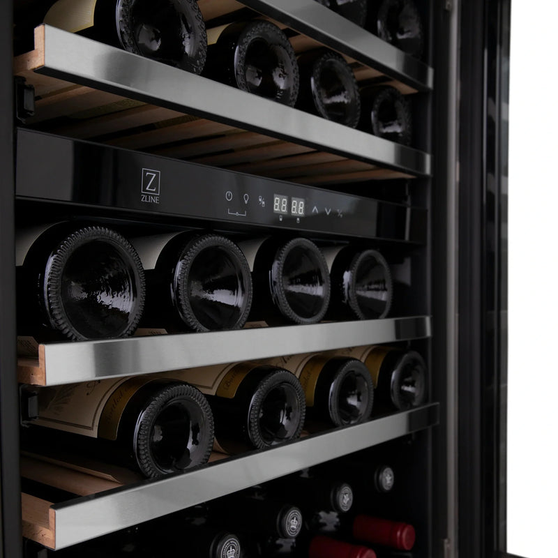 ZLINE 24 In. Monument Dual Zone 44-Bottle Wine Cooler in Stainless Steel with Wood Shelf RWV-UD-24