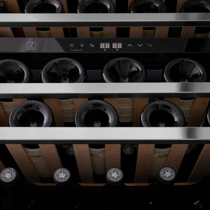 ZLINE 24 In. Monument Dual Zone 44-Bottle Wine Cooler in Stainless Steel with Wood Shelf RWV-UD-24