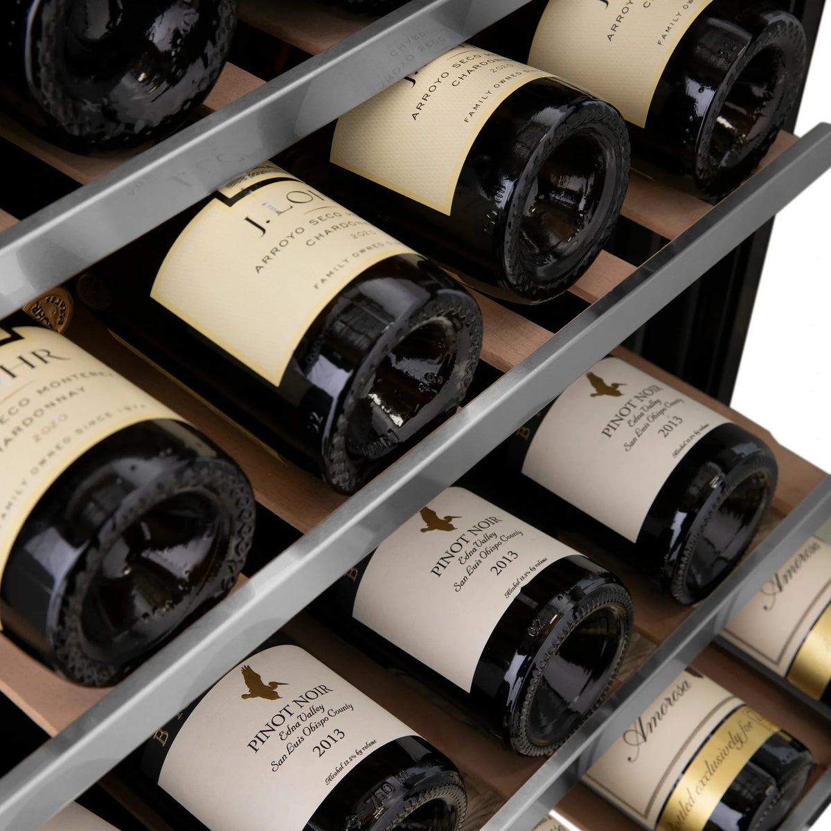 ZLINE 24 In. Monument Dual Zone 44-Bottle Wine Cooler in Stainless Steel with Wood Shelf RWV-UD-24