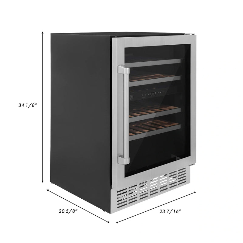 ZLINE 24 In. Monument Dual Zone 44-Bottle Wine Cooler in Stainless Steel with Wood Shelf RWV-UD-24