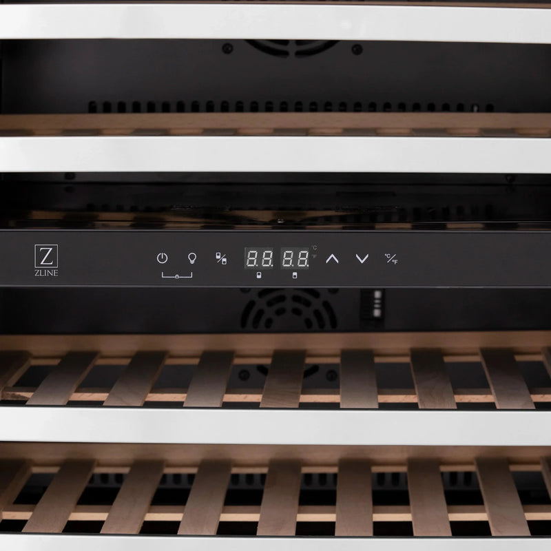 ZLINE 24 In. Monument Dual Zone 44-Bottle Wine Cooler in Stainless Steel with Wood Shelf RWV-UD-24