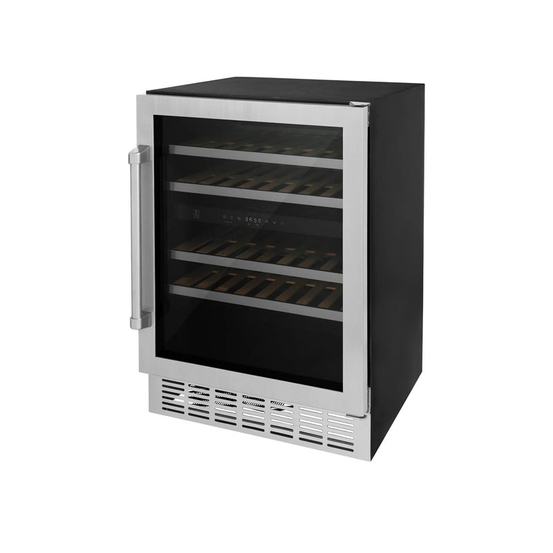 ZLINE 24 In. Monument Dual Zone 44-Bottle Wine Cooler in Stainless Steel with Wood Shelf RWV-UD-24