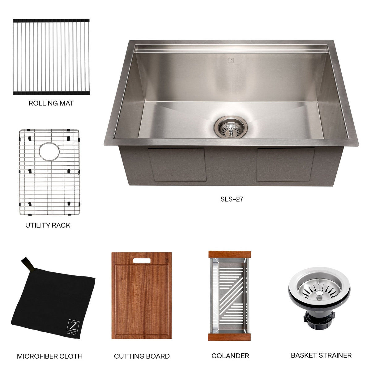 ZLINE 27" Garmisch Undermount Single Bowl Kitchen Sink with Bottom Grid and Accessories 