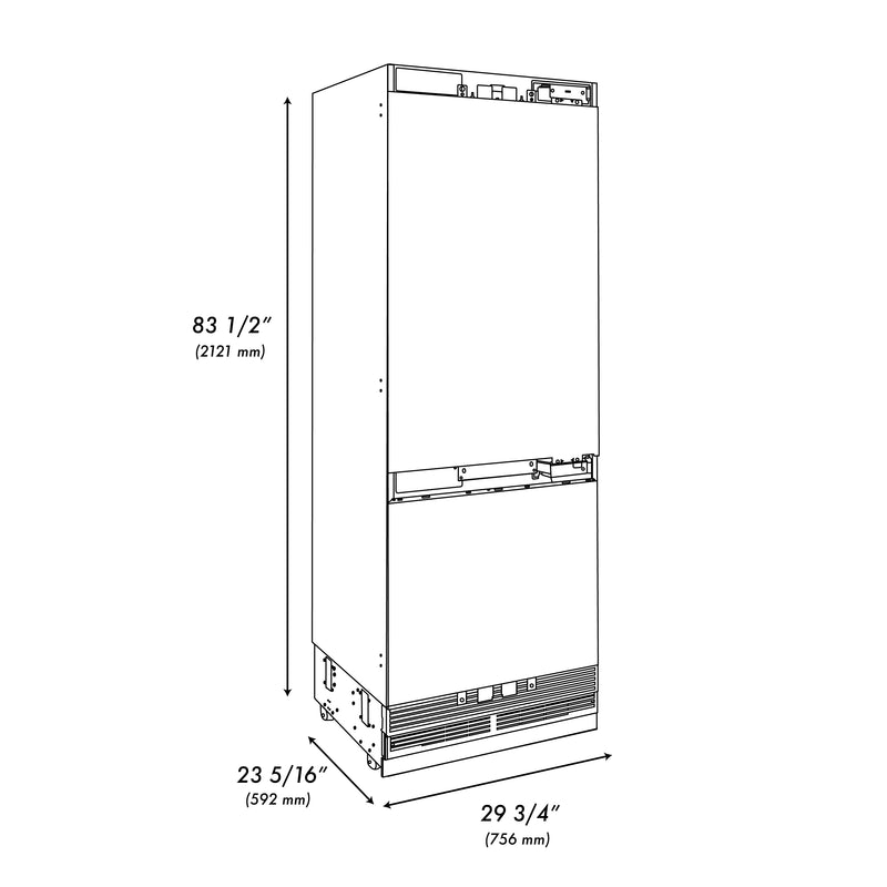 ZLINE 30" 16.1 cu. ft. Panel Ready Built-In 2-Door Bottom Freezer Refrigerator with Internal Water and Ice Dispenser