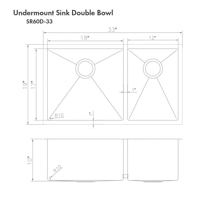 ZLINE 33" Chamonix Undermount Double Bowl Kitchen Sink with Bottom Grid 
