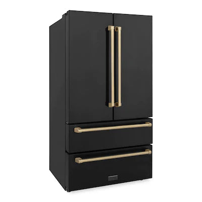 ZLINE 36" Autograph Edition 22.5 cu. ft Freestanding French Door Refrigerator with Ice Maker in Fingerprint Resistant Black Stainless Steel with Accents