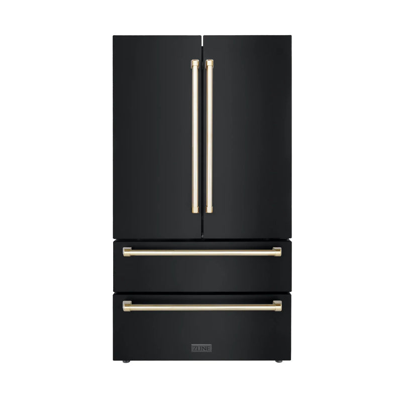 ZLINE 36" Autograph Edition 22.5 cu. ft Freestanding French Door Refrigerator with Ice Maker in Fingerprint Resistant Black Stainless Steel with Accents