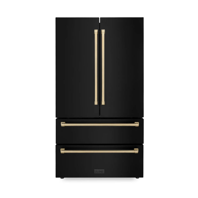 ZLINE 36" Autograph Edition 22.5 cu. ft Freestanding French Door Refrigerator with Ice Maker in Fingerprint Resistant Black Stainless Steel with Accents