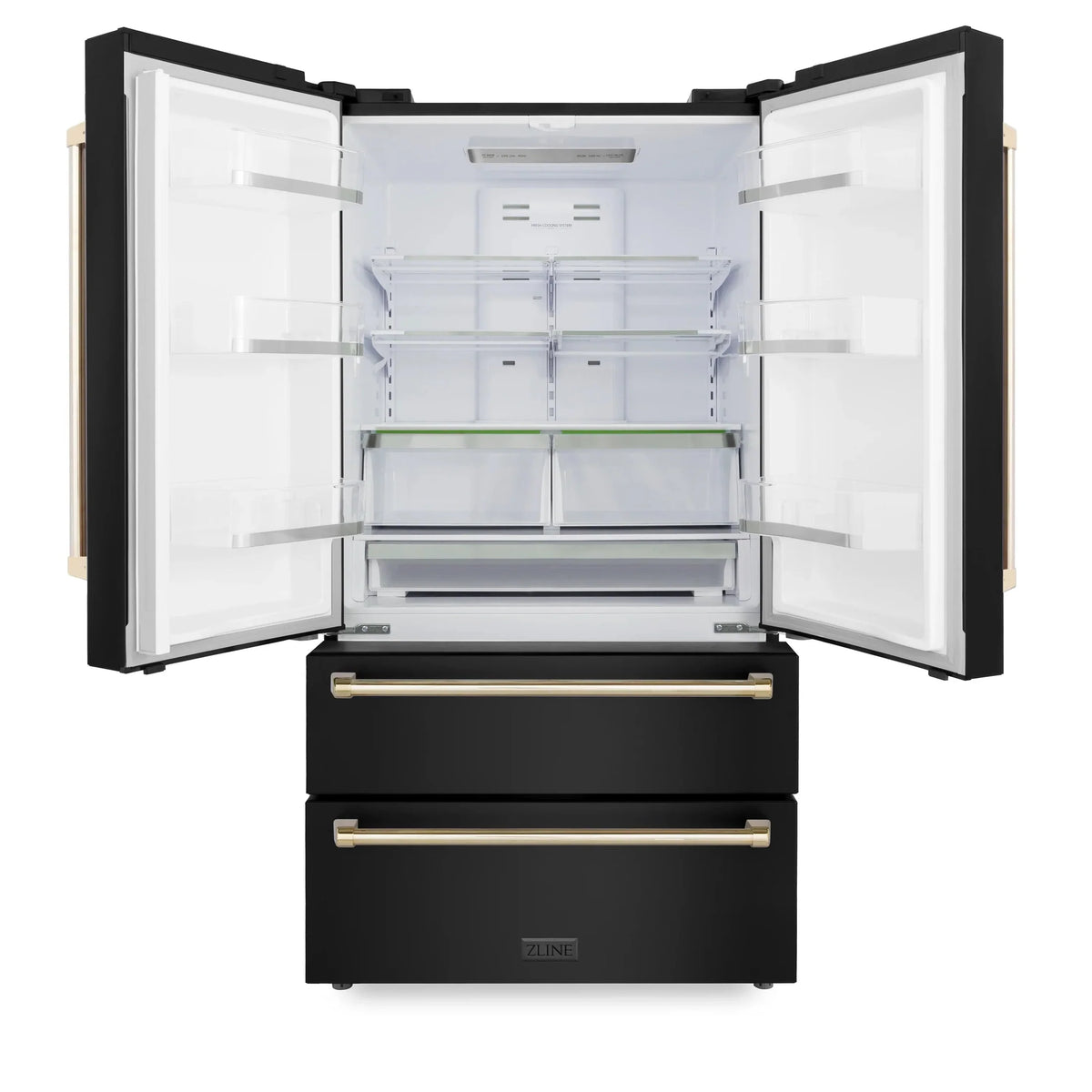 ZLINE 36" Autograph Edition 22.5 cu. ft Freestanding French Door Refrigerator with Ice Maker in Fingerprint Resistant Black Stainless Steel with Accents