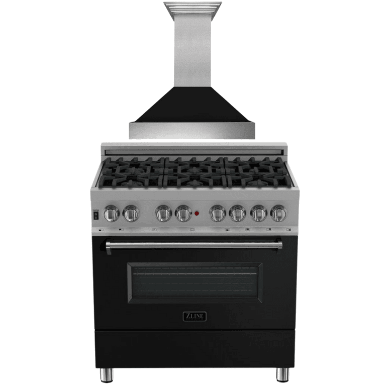 ZLINE Appliance Package - 36" Dual Fuel Range in DuraSnow® with Black Matte Door & 36" Range Hood
