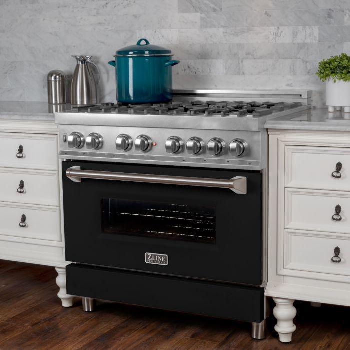 ZLINE Appliance Package - 36" Dual Fuel Range in DuraSnow® with Black Matte Door & 36" Range Hood - 2KP-RASBLMRH36